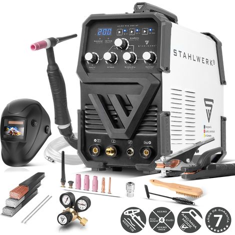 STAHLWERK Soldador combinado 2 en 1 AC/DC TIG 200 ST – Equipo completo – TIG & MMA (Electrodo/ARC) hasta 200 A, encendido HF, Hotstart, Anti-Stick, modo 2T & 4T, soldadura AC TIG para aluminio