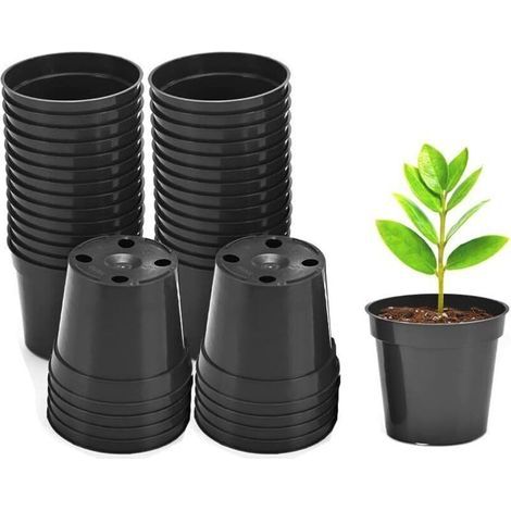 Lot de 50 petits pots de fleurs, ronds, en plastique, épais, brillants, de 5,4 cm, pour semences, semis et herbes (noir) (1/4)