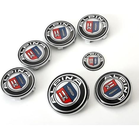 KIT 7 LOGO EMBLEME BMW ALPINA Capot 82mm + Coffre 74mm +Volant + 4 x cache moyeu 68mm (1/2)