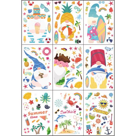 Autocollant Vitre - Décalcomanie Double Face PVC pour Fenêtre Porte Miroir Réfrigérateur Mur - Thème Été Glace Pastèque Plage Maillot Cercle Natation - 9 Pièces (1/5)