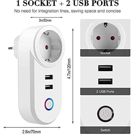 Prise intelligente monobloc 16A, prise Wi-Fi intelligente, télécommande programmable, réseau USB pour la maison et le bureau, seulement 2,4 GHz-1257cm (1/4)