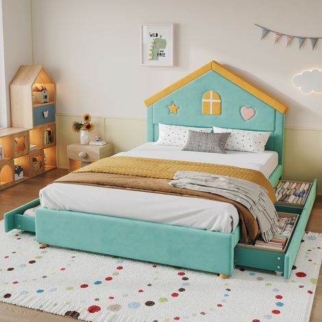 Cama cabaña infantil 140x200 cm con somier de láminas y 4 cajones cama tapizada de terciopelo suave cama nido juvenil para dormitorio azul verdoso (1/5)