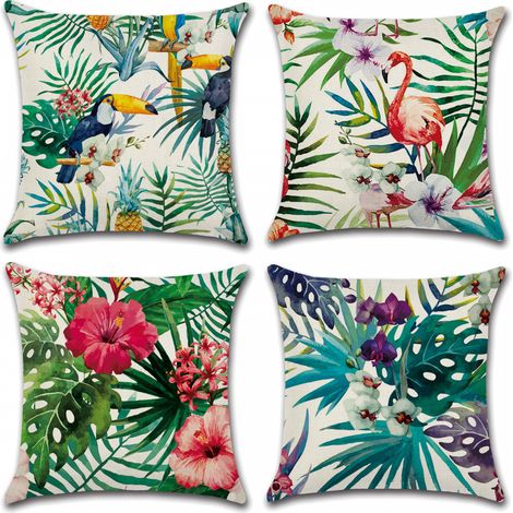 BEBUSINGOTO Housses de coussin 45 x 45 cm, lot de 4 housses de coussin en coton et lin pour canapé, lit, jardin, coussins de canapé (Fleur-7) (1/5)
