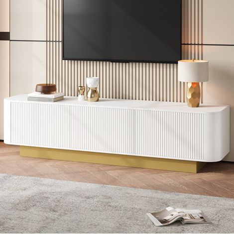 Meuble TV MDF et panneaux de particules blanc 170 x 40,5 x 47 cm, 3 portes, étagère réglable et passe-câbles (1/5)