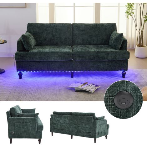 Canapé moderne 2 places en chenille avec pieds en bois, lumière LED, port de chargement USB et sac de rangement pour salon, chambre ou bureau (chenille vert foncé) (1/5)