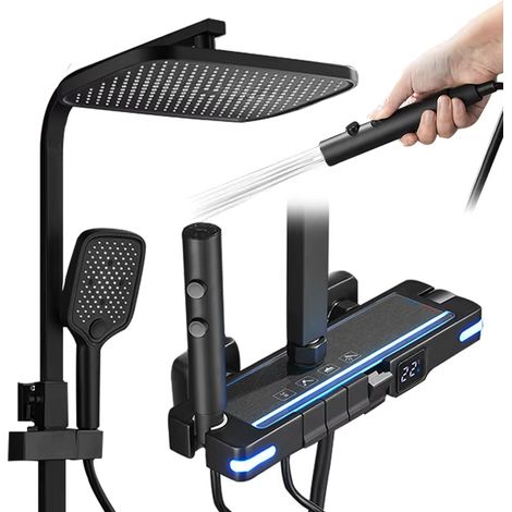 Système de douche thermostatique noir mat avec affichage numérique, lumières d'ambiance, pommeau de douche effet pluie de 30 cm et bec verseur. (1/5)