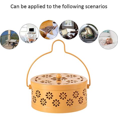 Brûleur à spirales anti-moustiques creux en fer forgé à motifs, à suspendre, avec plateau ignifugé pour spirales anti-moustiques, jaune. (1/5)