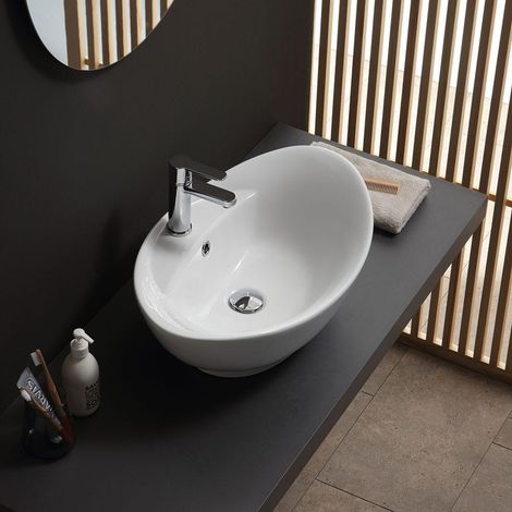 Kiamami Valentina – Vasque à poser en céramique blanche – Ovale 59x39cm – Hauteur 21,5cm – Trou pour robinetterie – Design moderne et luxueux (1/5)