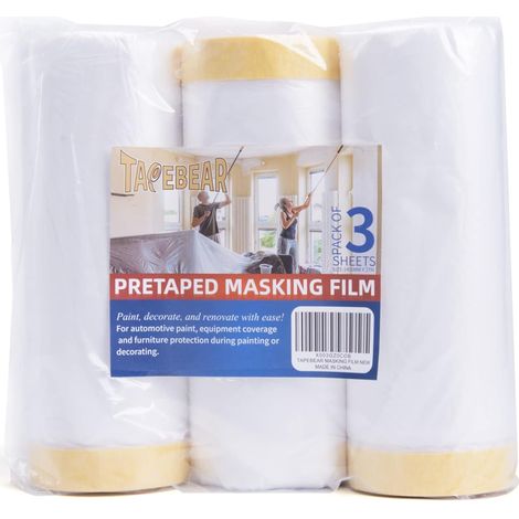 Masker with Masking Tape, 2-in-1 Plastic Protective Tarpaulin, For Hiding and Covering, Floor Protection Furniture, 1400mm x 27m, Pack of 3 (1/5)