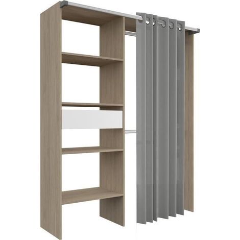 Dressing ARTIC 143,5 x 48 x 181,9 cm – Décor chêne avec rideau – 1 colonne, 1 tiroir, 4 étagères, 2 barres de penderie