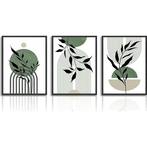 Art Mural Vert, Tableau Décoration Murale Minimaliste Abstraite Géométrique Botanique, Affiche Moderne pour Salon Chambre Salle de Bain 30x40 cm Sans Cadre, Lot de 3 (1/5)