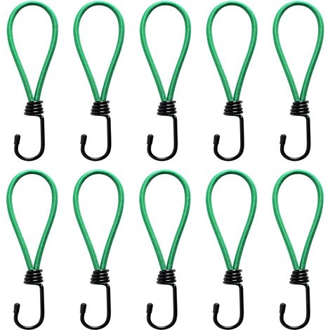 Mini-Gummiseil mit Haken – 10er-Pack robuste Gummiseile, 7 Zoll lange Gummiseilhaken für Camping, Planen, Zelte, Wandern, Jagen, LKWs und Boote (Grün)