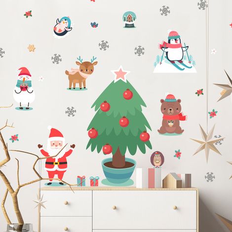 Stickers père Noël et les animaux scandinaves - Autocollants stickers adhésifs noël - décoration fêtes - 90x60cm (1/5)
