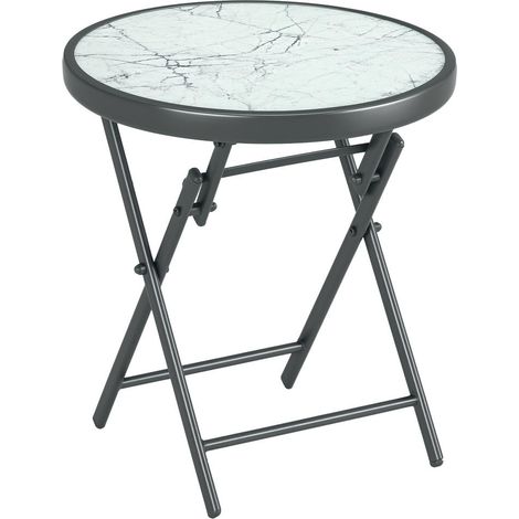 Ø45x50cm Table d'Appoint Pliante pour Boissons en Plein Air Plateau Verre Trempé Effet Marbre Métal Blanc (1/5)