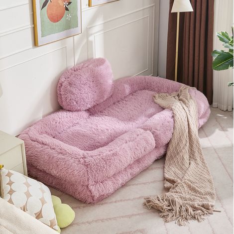 Divano a pavimento trasformabile 102x89x88 cm, schienale reclinabile 5 posizioni, tessuto peluche, rosa (1/5)