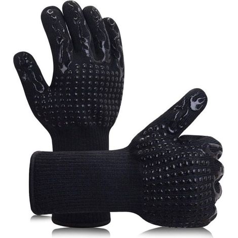Paire de gants silicone noirs résistants à la chaleur jusqu'à 800°C, antidérapants, adaptés pour barbecue, four et cuisine. (1/4)