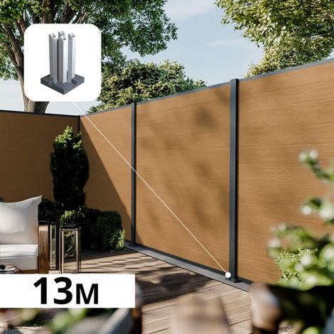 Kit Clôture Composite sur Muret CRUZ Cèdre 12,85x1,8m - Bois composite & Aluminium - Poteaux sur Platines Gris Anthracite - Brise vue