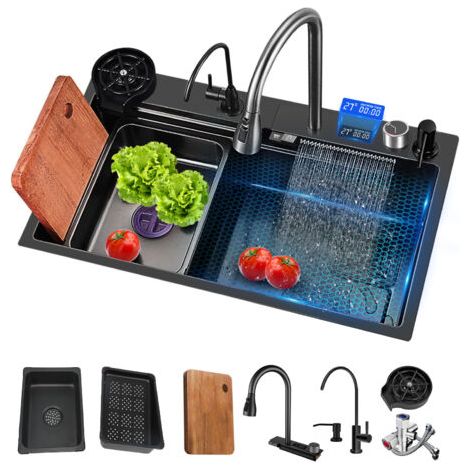 Pair - Évier de Cuisine Cascade Multifonctionne Evier Cuisine 1 Bac 80 x 45 cm, Robinetterie Extractible Rinceuse en Verre Evier à Poser avec Trous pour Robinets et Distributeurs de Savon B (1/5)