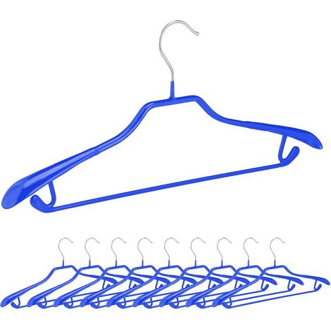 Lot de 10 cintres costumes antidérapants bleus, larges épaules avec barre pantalon et crochets, support vêtements Relaxdays (1/5)
