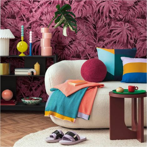 Photo wallpaper wall Profhome 791458 hot embossed non-woven wallpaper slightly textured with palm trees matt pink magenta black claret violet 1,59 m x 2,8 m (1/5)