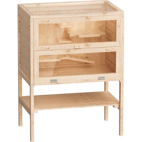 Wiltec 3 Etagen Nagerkäfig, 600 x 400 x 800 mm, aus Holz, mit klappbarem Deckel & Sichtfenster, Kleintierhaus Mäusekäfig Hamsterkäfig