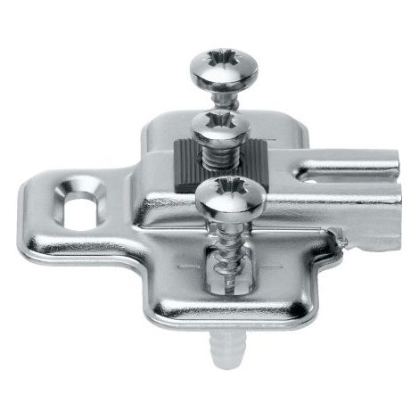 Blum – Embase cruciforme pour charnière Modul réfrigérateur acier nickelé – Réglage en hauteur ± 3 mm – Compatible vis agglo 3,5-4 mm – EMB194611 (1/2)