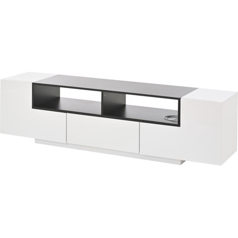 Mueble TV blanco alto brillo con LED 180 x 40 x 48 cm para 75 pulgadas (1/5)