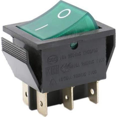 Interrupteur à bascule DPDT 6 broches - 16A 250V - Nylon et laiton - Lumière verte - Pour tableau électrique (1/3)