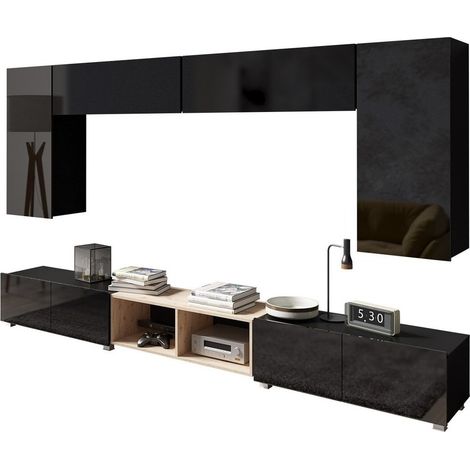 Conjunto de salón Remus XXIII, Negro + Negro brillante + Roble Artisan