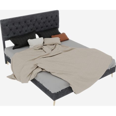 Lit Double 140 x 200 cm en Tissu Gris, Tête de Lit Haute à Clous, Rangement sous le Cadre, sans Matelas (1/5)