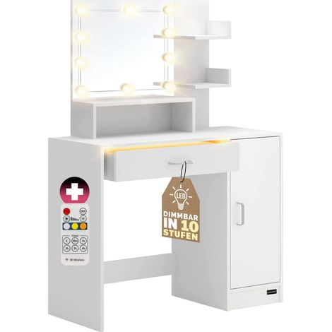 CASARIA® Jocelyn Dressing Table with LED Drawer Light, Mirror, 3 Shelves Ideal For Hair Make-Up Cosmetics Modern Bedroom Dresser Unit 140x90x40cm White 137x90x38cm weiß mit LED (de) (1/5)