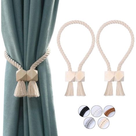2-pack magnetic curtain holders, handwoven cotton curtain tiebacks, curtain fixings (Beige, 2 pieces) (1/5)