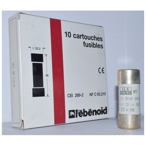 Fusible 12A cartouche 22X58mm gG usage industriel (boite de 10) HPC 120kA 660V sans voyant EBENOID 061412 (1/2)