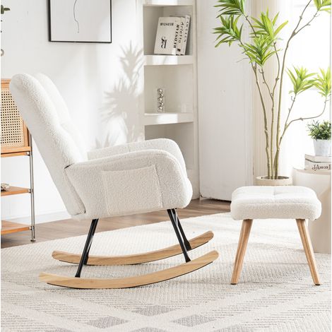 Sillón mecedora con reposapiés bouclé blanco OKMYHOME (1/5)