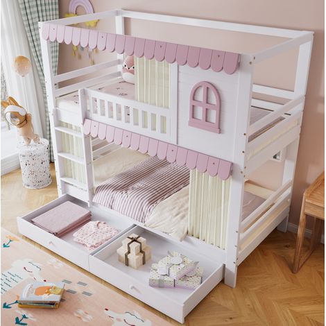 Cama litera 90x200 cm de madera maciza y MDF, blanca y rosa, con ventanas, cortinas, escalera y cajones (1/5)