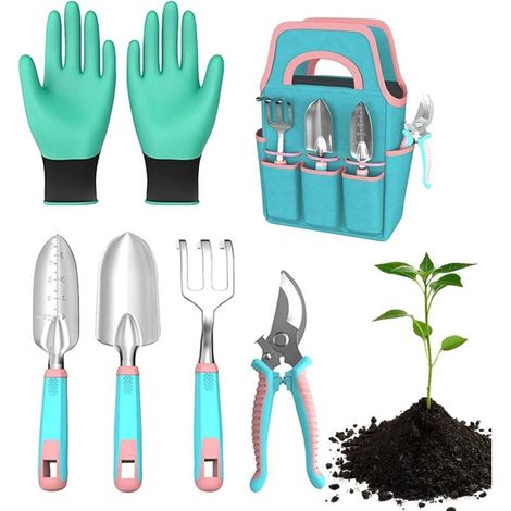 Kit D'Outils De Jardinage - Tissu Oxford Aluminium 40X21.6Cm Transplantoir À Planter Râteau Gants avec Sécateur Outils De Jardin À Main avec Sac Ďe Transport pour Pelouse Arrière Cour Patio (1/5)