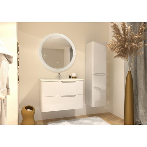 Meuble vasque LUNA Blanc brillant 80 cm avec miroir rond Perle (1/5)