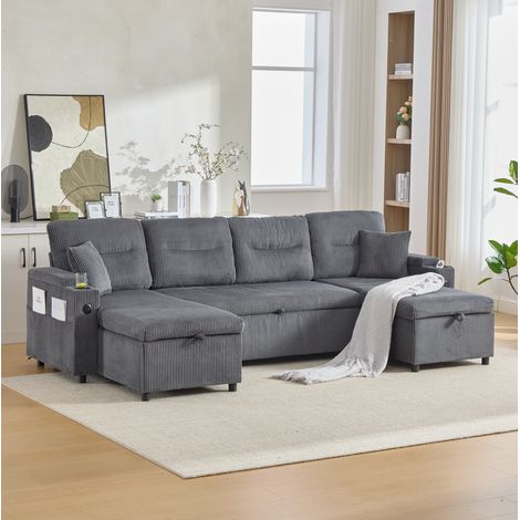 Sofá esquinero convertible 272x136x86 cm de pana gris carbón con USB y almacenaje - CHICFURN (1/5)