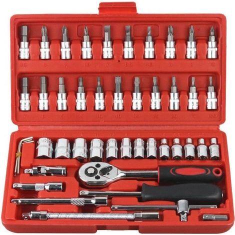 Coffret de 46 clés à cliquet à entraînement 1/4 pouce avec douilles métriques et rallonge pour la réparation automobile et les travaux ménagers (1/5)