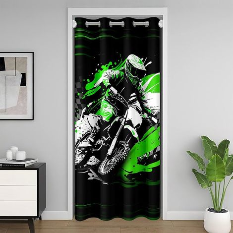 Motos Rideau de Porte 86x203cm Dirt Bike Rideau Occultant Rideaux Vert Sports extrêmes Chaleur Noirout Rideaux Exterieur d'entrée Racing Motocross Rideaux Interieur Salon Chambre - 86L X 203H cm (1 Pa (1/5)