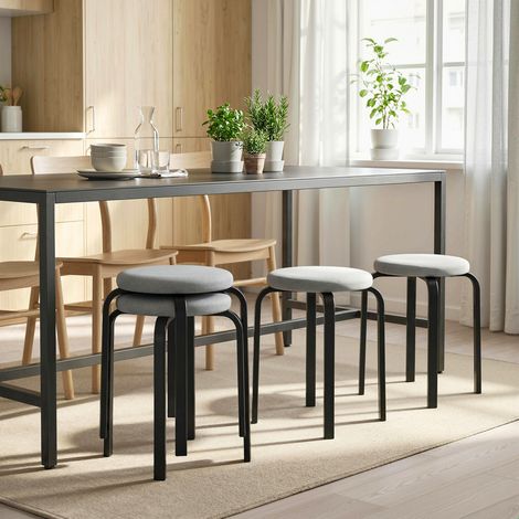 Juego de 4 taburetes apilables, modernos taburetes redondos tapizados sin respaldo para cocina o comedor, color gris.