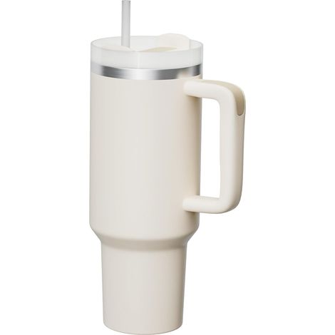 Mug de voyage isotherme en acier inoxydable de 1,2 L (40 oz) avec poignée et paille - Bouteille d'eau étanche sous vide - Couleur crème