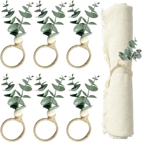 Rond de Serviette de Table, Rond de Serviette Bois, Lot de 6 Anneaux en Forme de Feuilles d'Eucalyptus, Décoration Artisanale pour Mariage et Dîner de Noël, Accessoire de Cuisine Élégant (1/5)