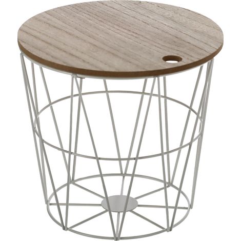 Holz Blumenhocker mit Metall Aufbewahrungskorb - Farbe: weiß - Pflanzenhocker Blumentisch Deko Hocker Holzhocker klein