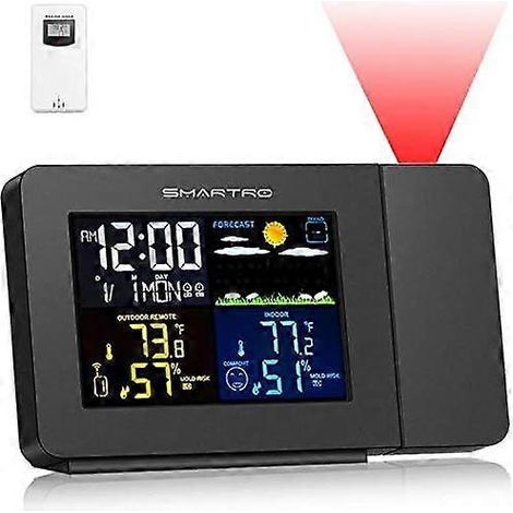 Réveil à projection SC91 pour chambres avec station météo, thermomètre sans fil intérieur/extérieur et hygromètre.