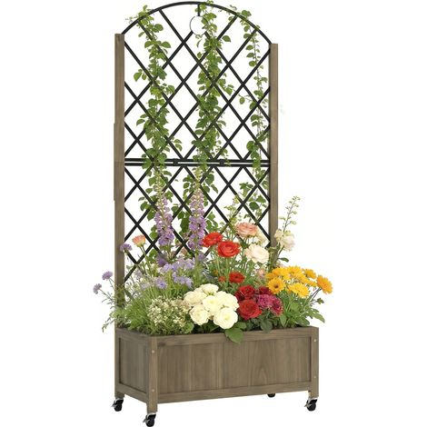 Fioriera con traliccio in acciaio, cassetta da fiori su ruote in legno bloccabili, 72 x 36 x 168 cm, finitura carbonizzata