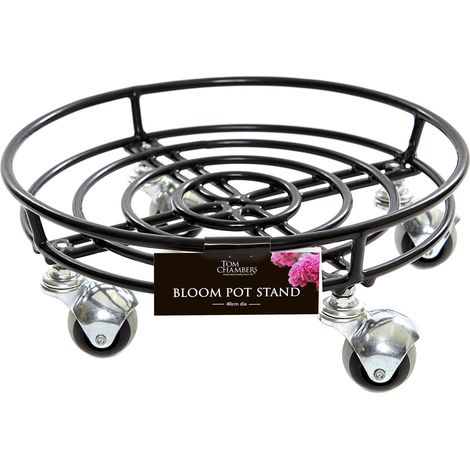 Pack of 2 Tom Chambers Handcrafted Heavy Duty Round Black Metal Garden Patio Plant Flower Pot Stand Caddy Trolley Dolly on Strong Metal Castor Wheels 32cm (1/4)