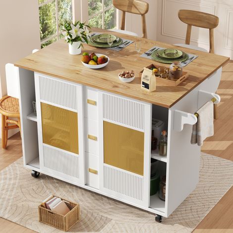 MEUBLIV Îlot de cuisine 146,85 x 70 x 90 cm blanc – mobile avec rangements (1/5)