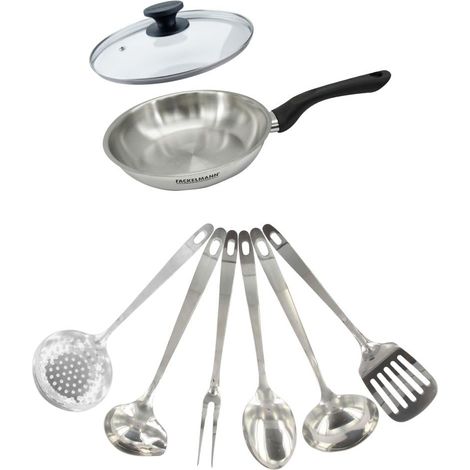 Set poêle inox 20 cm, couvercle verre et 6 ustensiles inox (1/5)