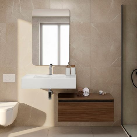 Mobile bagno sospeso 80 cm noce canaletto con lavabo sospeso e specchio - Numa (1/5)